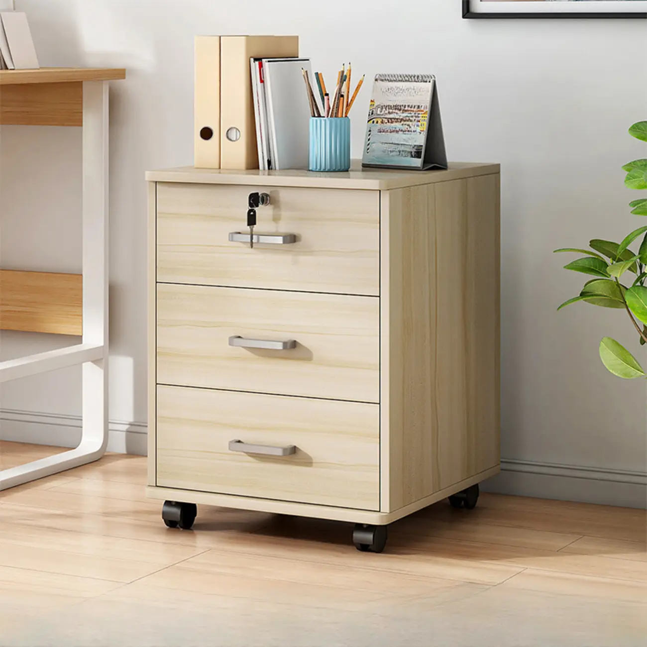 Lockable Brown Lateral Wooden Rolling Office Filing Cabinet Image - 13 | homeyfad