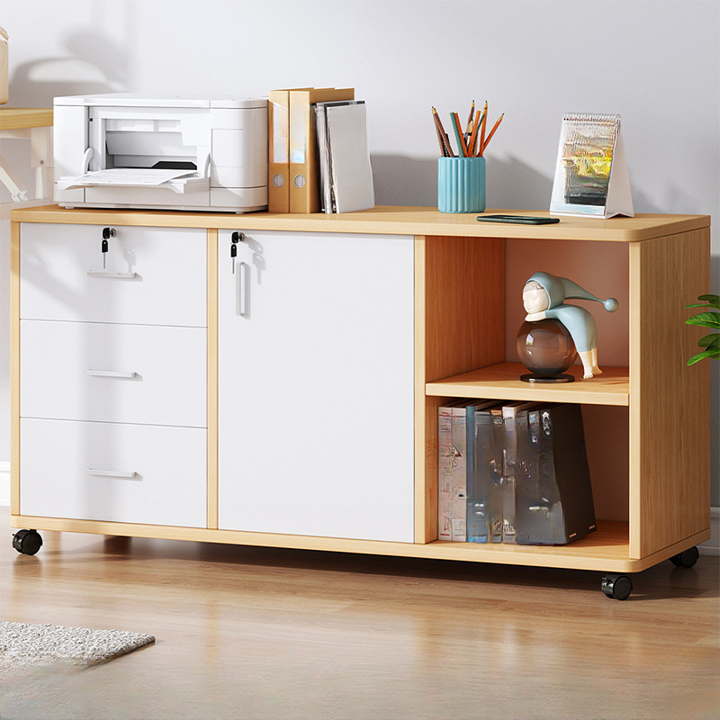 Lockable Brown Lateral Wooden Rolling Office Filing Cabinet | homeyfad
