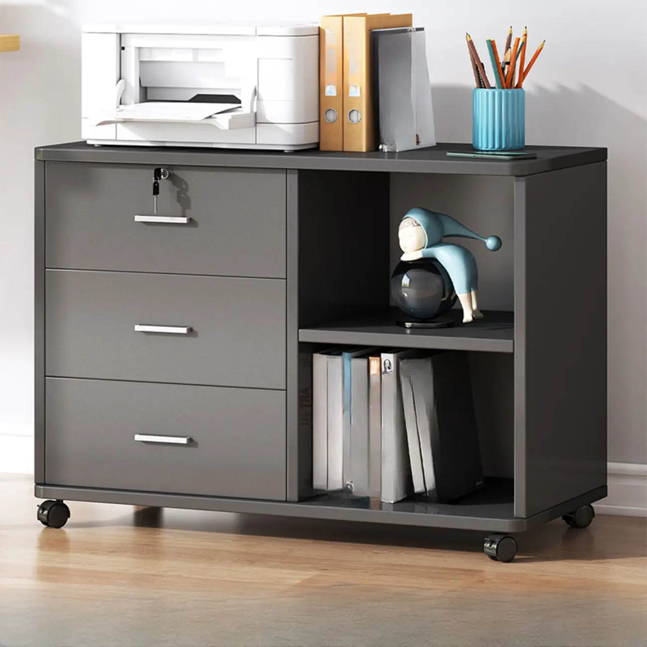 Lockable Brown Lateral Wooden Rolling Office Filing Cabinet Image - 6 | homeyfad