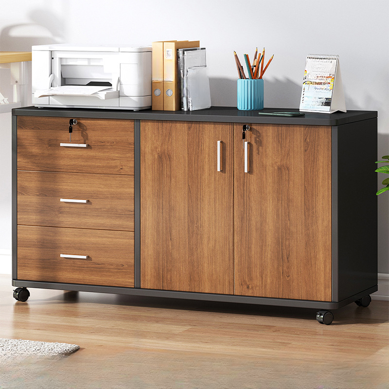Lockable Brown Lateral Wooden Rolling Office Filing Cabinet | homeyfad