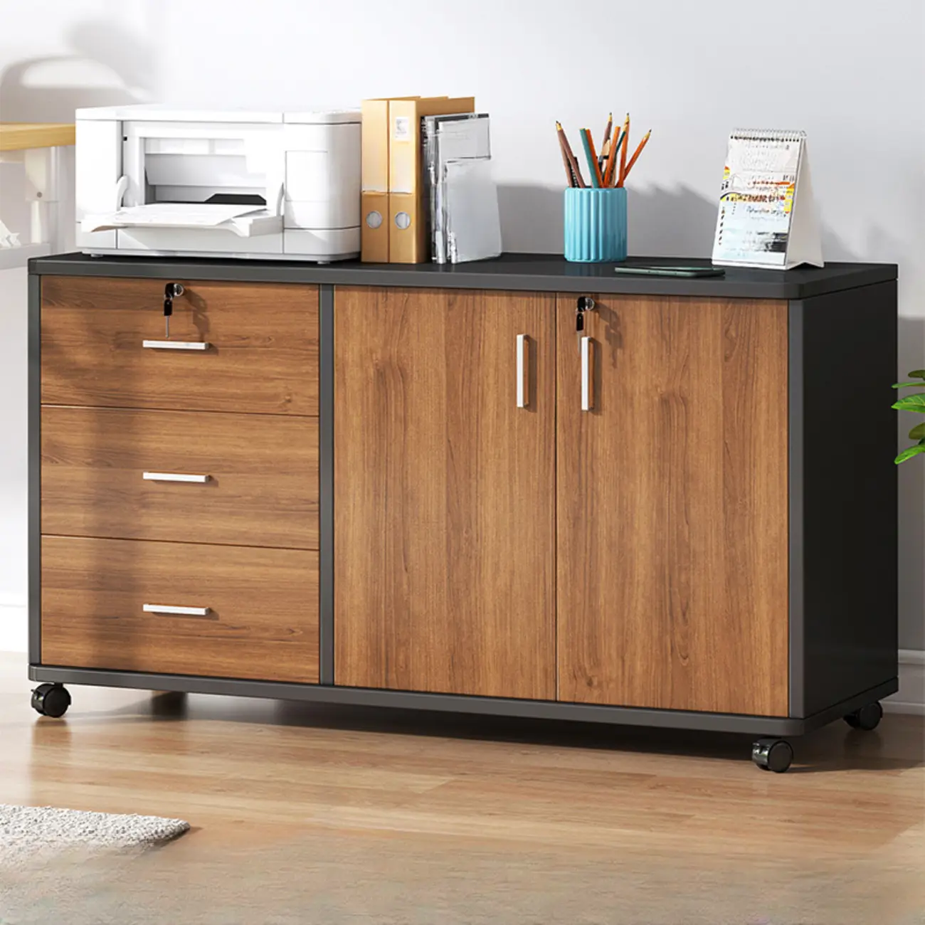 Lockable Brown Lateral Wooden Rolling Office Filing Cabinet Image - 40 | homeyfad