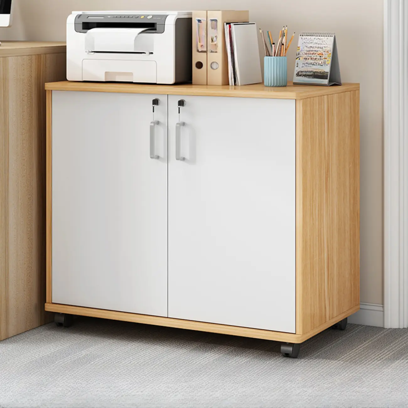 Lockable Brown Lateral Wooden Rolling Office Filing Cabinet Image - 28 | homeyfad