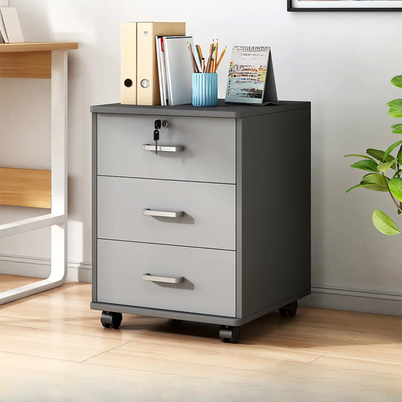 Lockable Brown Lateral Wooden Rolling Office Filing Cabinet Image - 16 | homeyfad