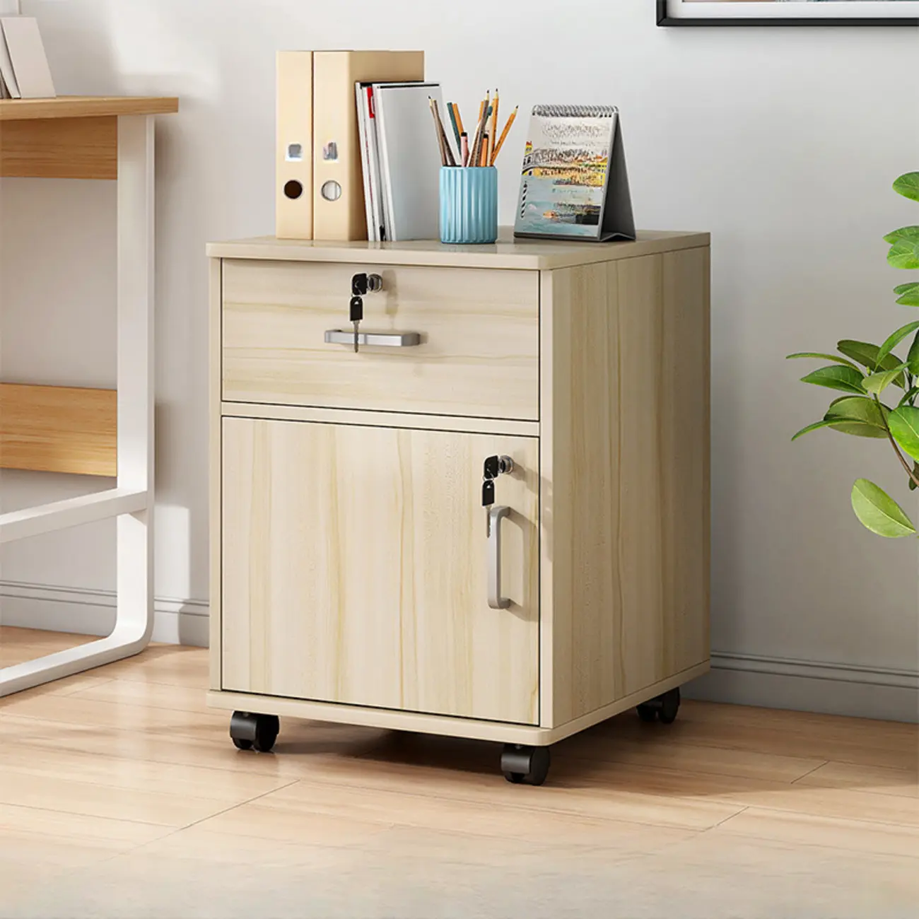 Lockable Brown Lateral Wooden Rolling Office Filing Cabinet Image - 9 | homeyfad