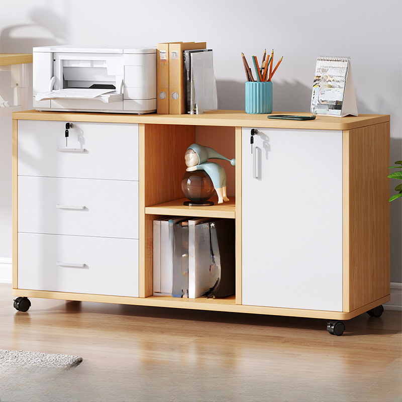Lockable Brown Lateral Wooden Rolling Office Filing Cabinet | homeyfad