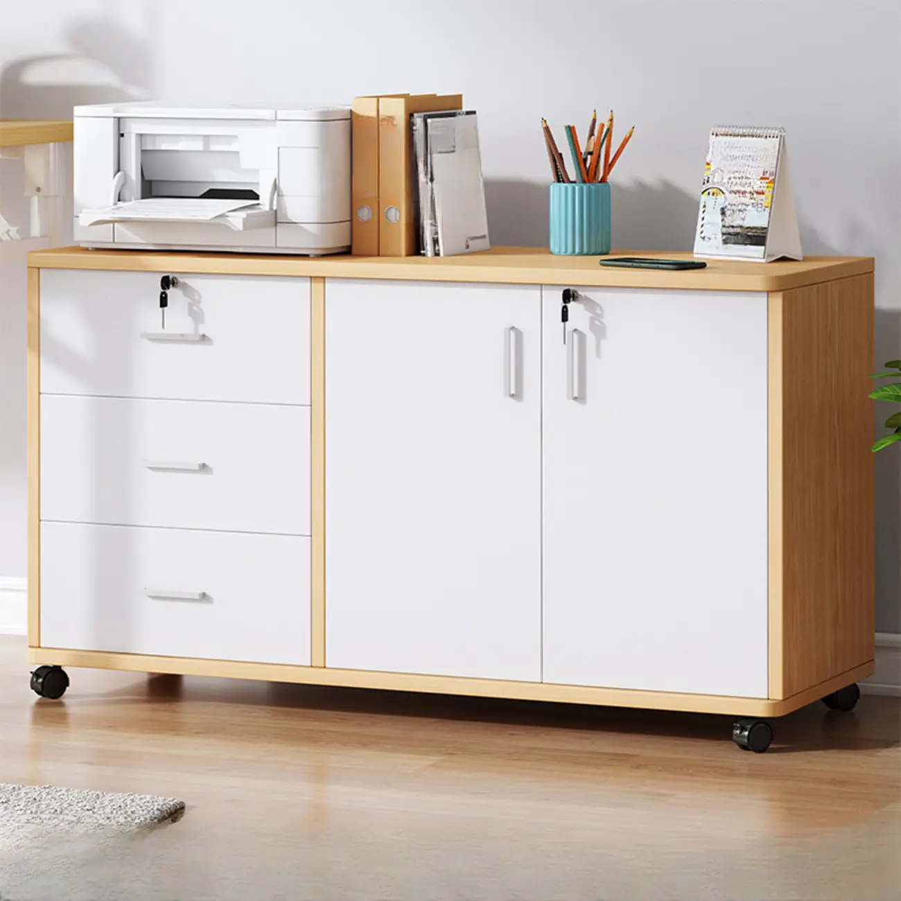 Lockable Brown Lateral Wooden Rolling Office Filing Cabinet Image - 39 | homeyfad