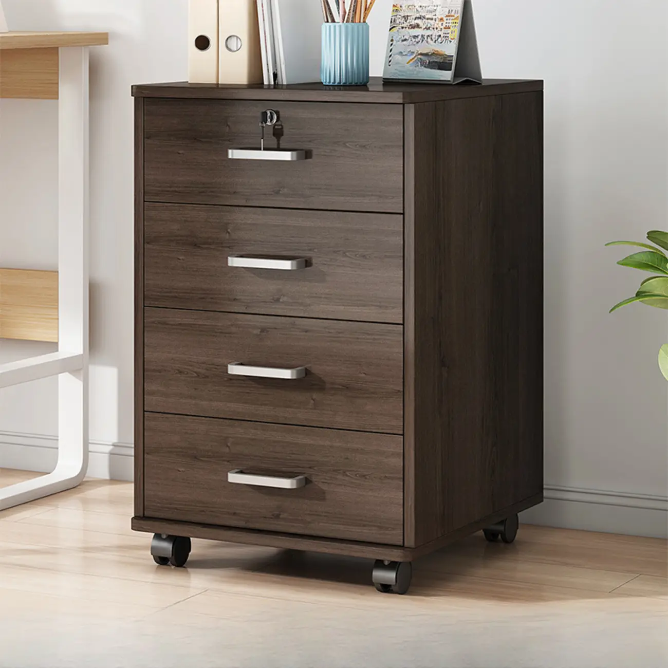Lockable Brown Lateral Wooden Rolling Office Filing Cabinet Image - 18 | homeyfad