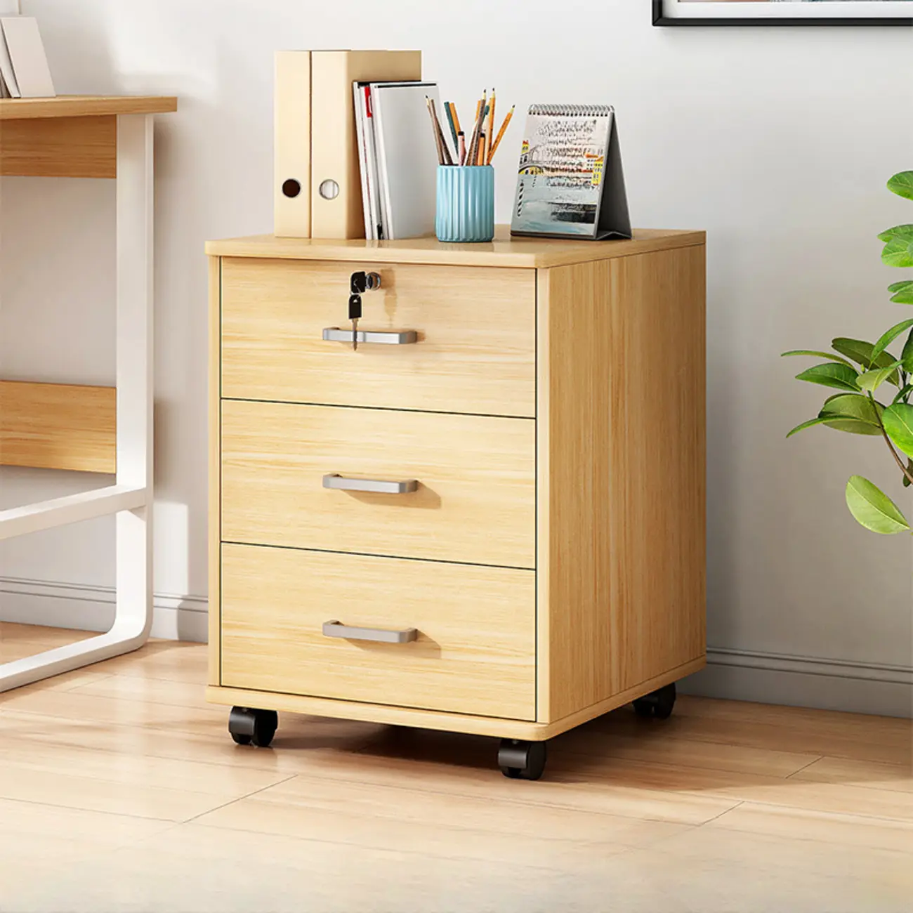 Lockable Brown Lateral Wooden Rolling Office Filing Cabinet Image - 15 | homeyfad
