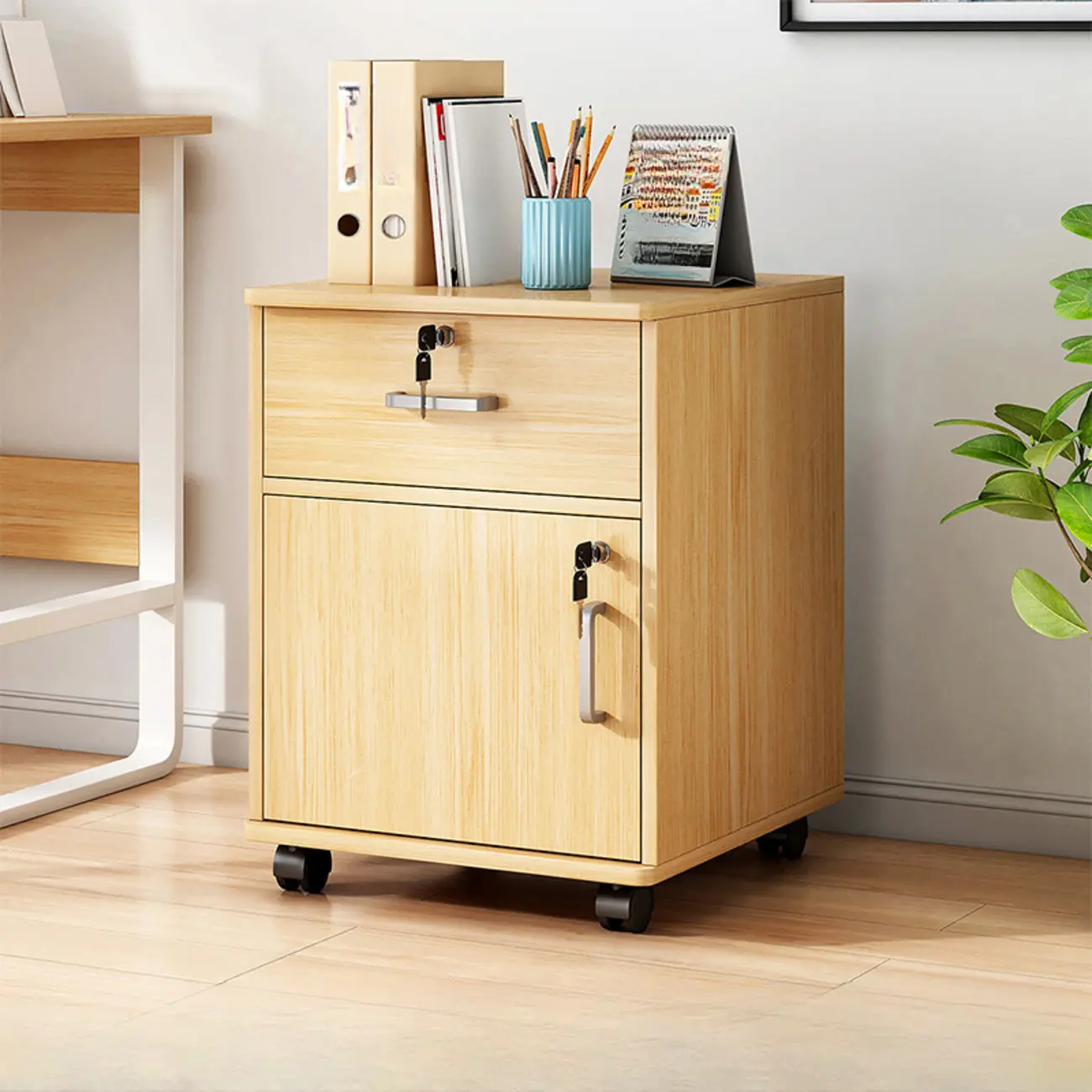 Lockable Brown Lateral Wooden Rolling Office Filing Cabinet Image - 10 | homeyfad