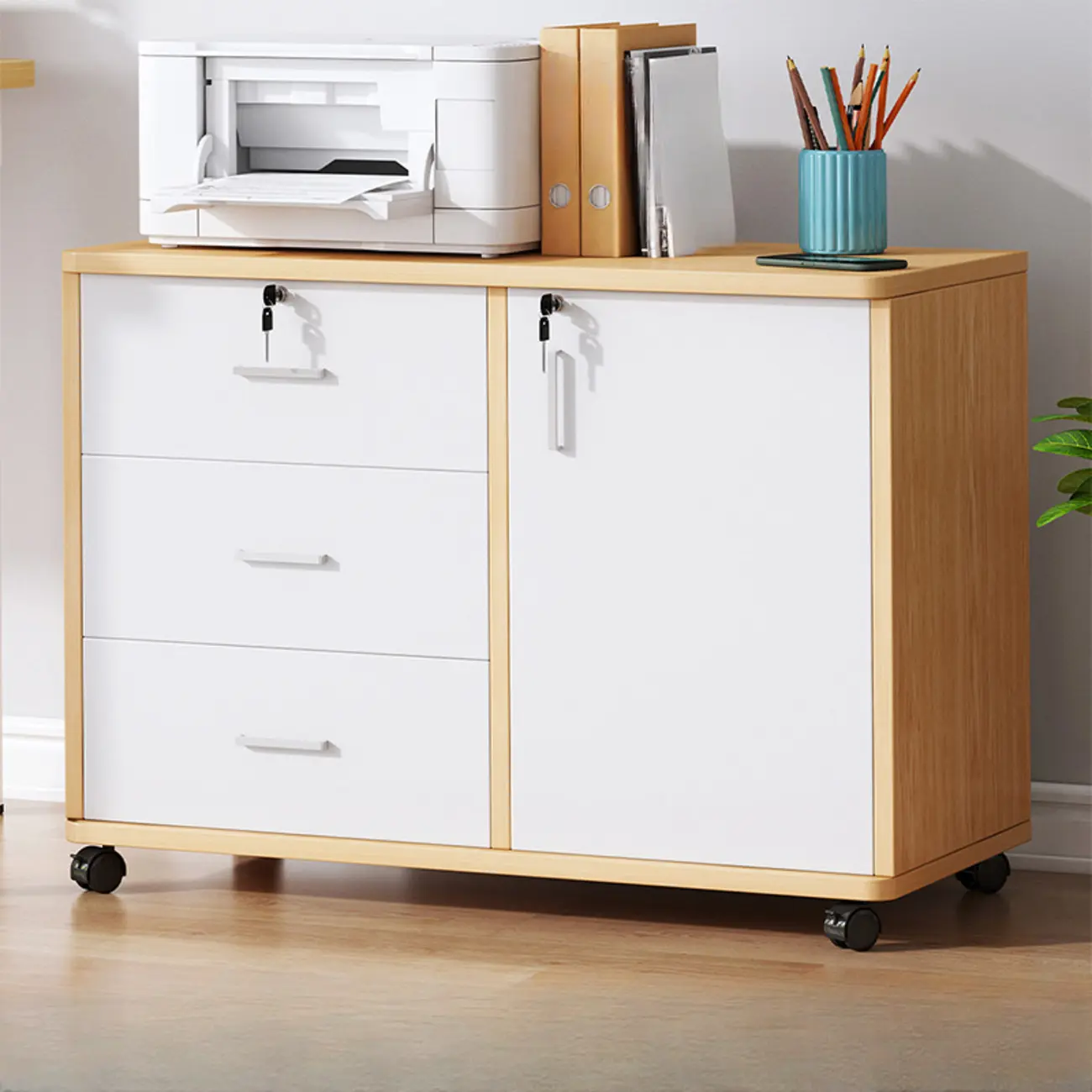 Lockable Brown Lateral Wooden Rolling Office Filing Cabinet Image - 29 | homeyfad