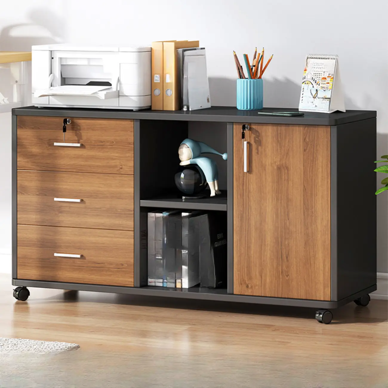 Lockable Brown Lateral Wooden Rolling Office Filing Cabinet Image - 33 | homeyfad