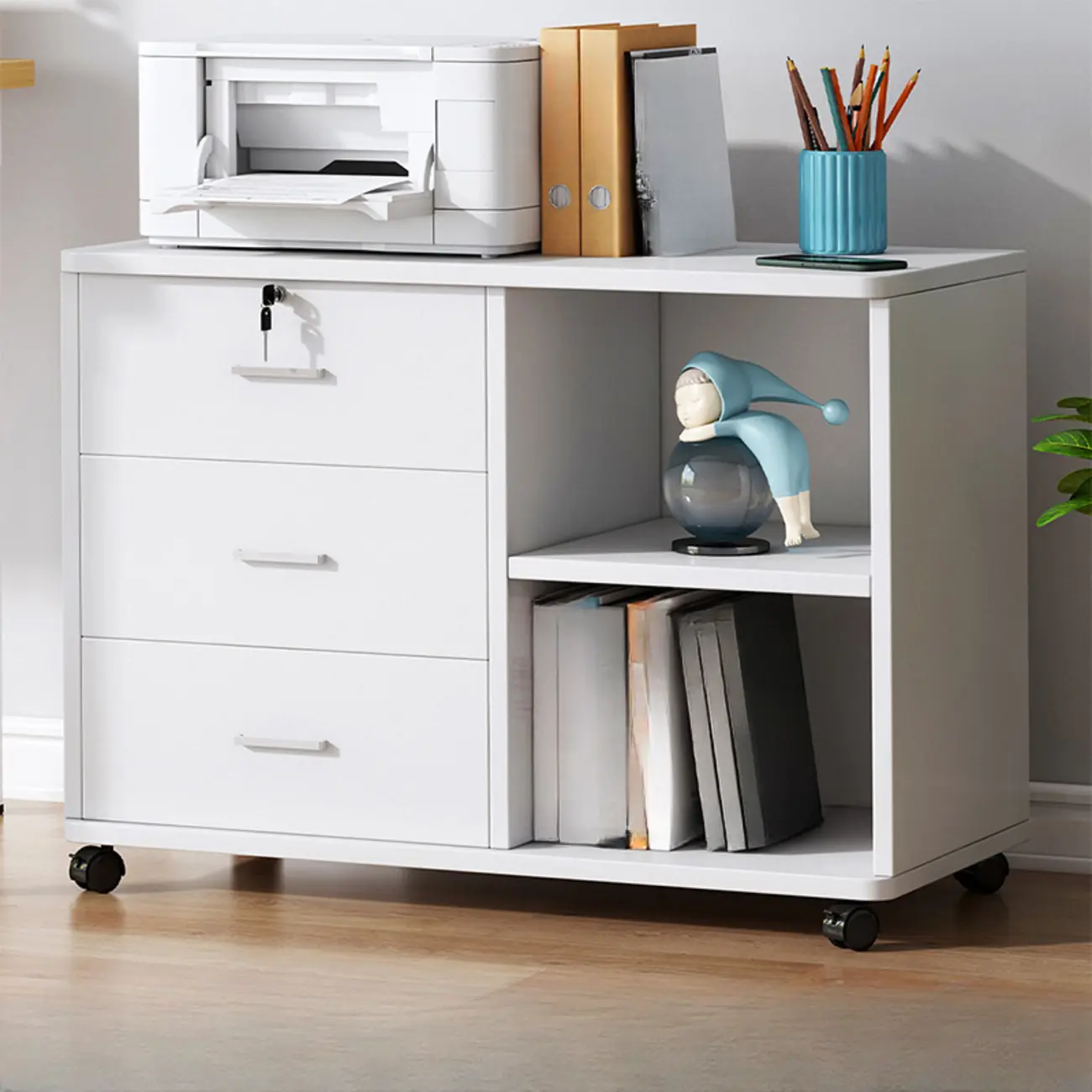 Lockable Brown Lateral Wooden Rolling Office Filing Cabinet Image - 27 | homeyfad