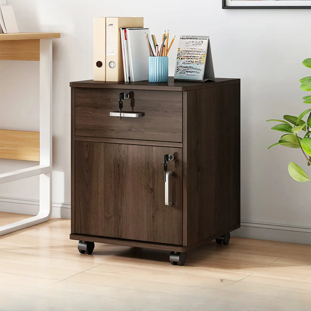 Lockable Brown Lateral Wooden Rolling Office Filing Cabinet Image - 11 | homeyfad