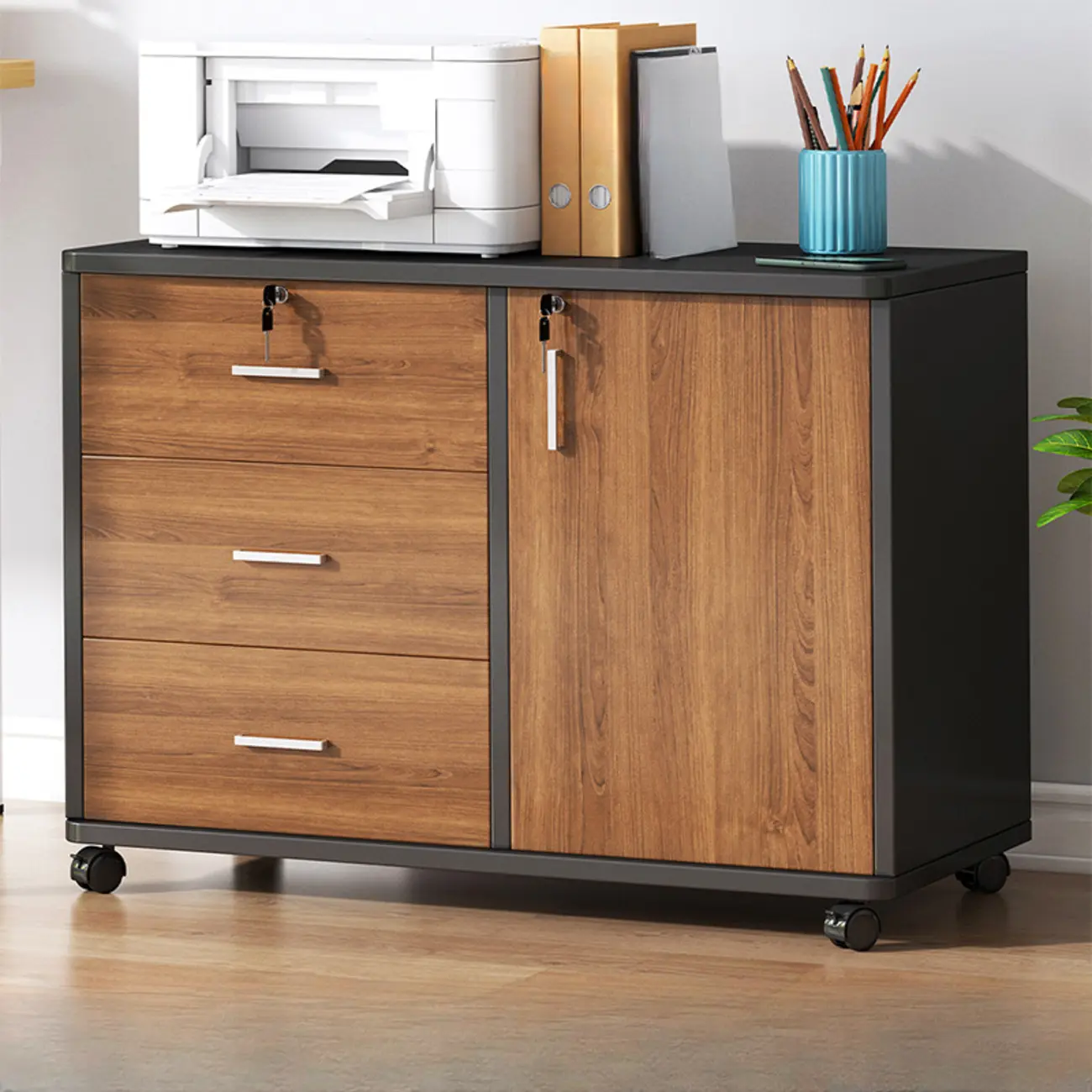 Lockable Brown Lateral Wooden Rolling Office Filing Cabinet Image - 23 | homeyfad