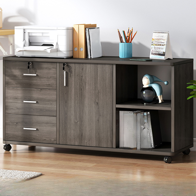 Lockable Brown Lateral Wooden Rolling Office Filing Cabinet | homeyfad