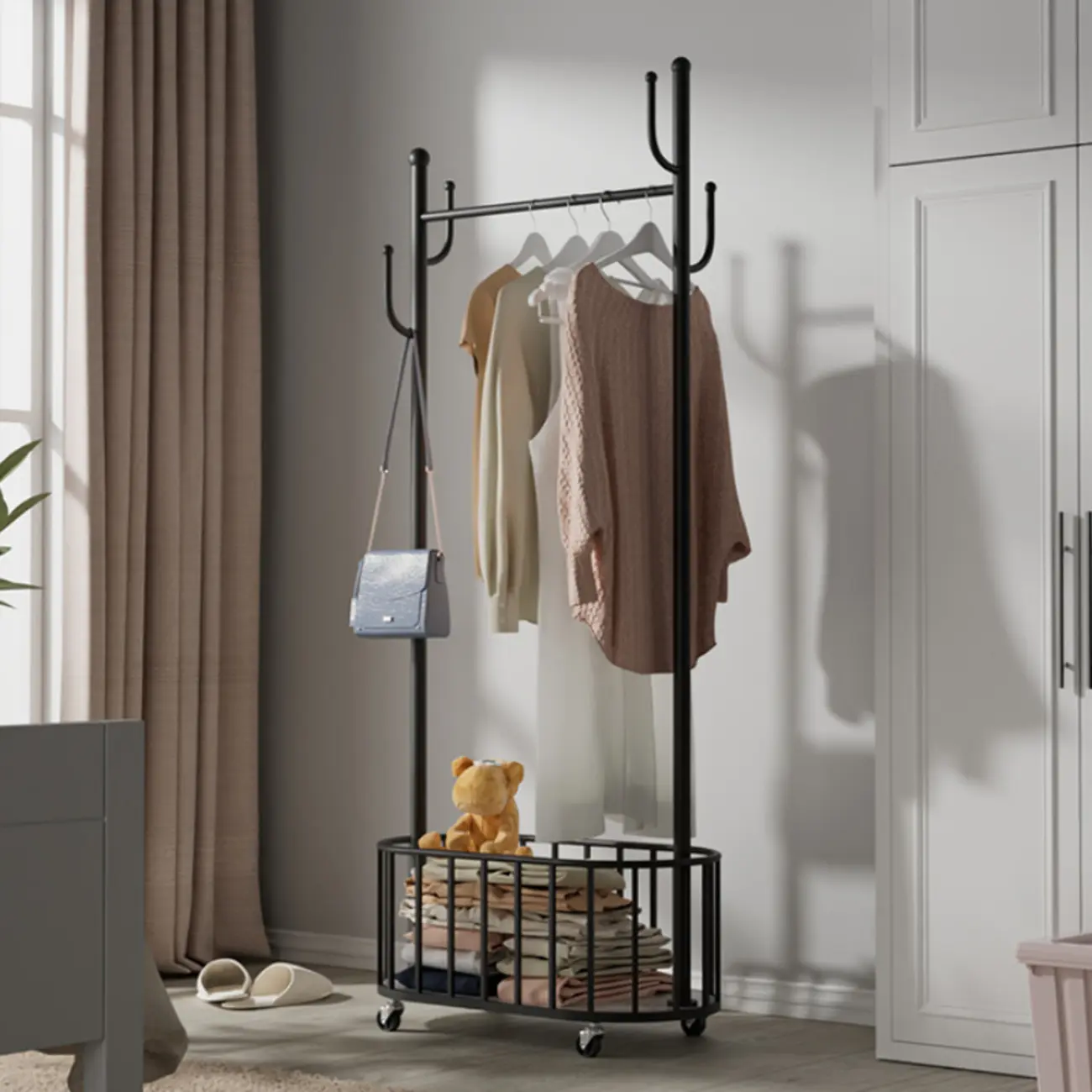 Metal Black Freestanding Storage Coat Rack with Hooks Image - 1 | homeyfad