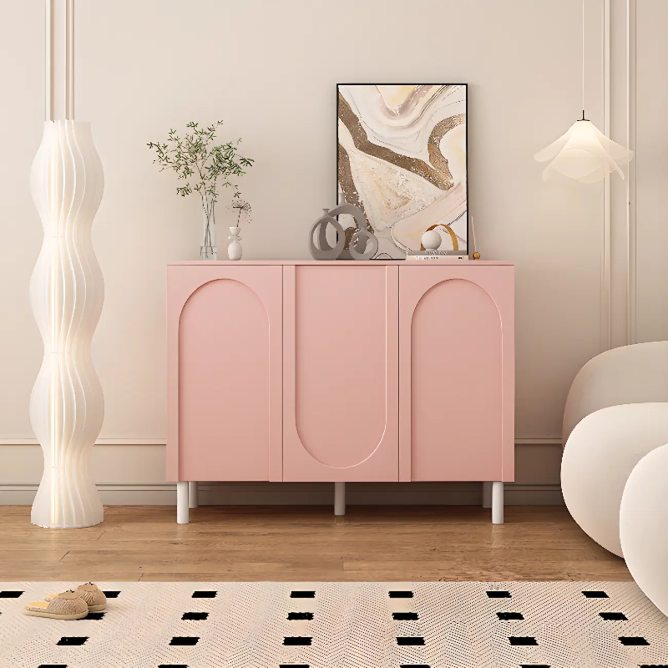 Modern Pink Wood Shoe Cabinet 3-Door Storage Unit Image - 1 | homeyfad