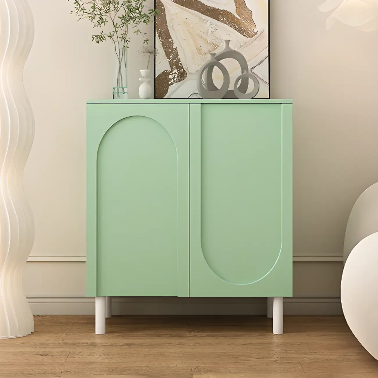 Modern Pink Wood Shoe Cabinet 3-Door Storage Unit Image - 6