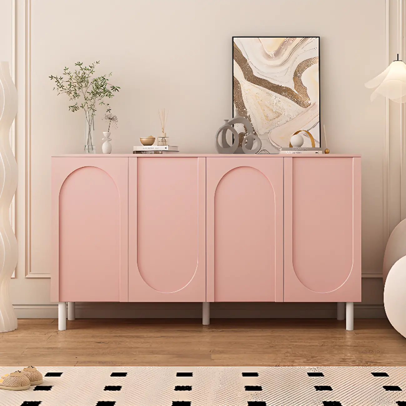 Modern Pink Wood Shoe Cabinet 3-Door Storage Unit Image - 8 | homeyfad