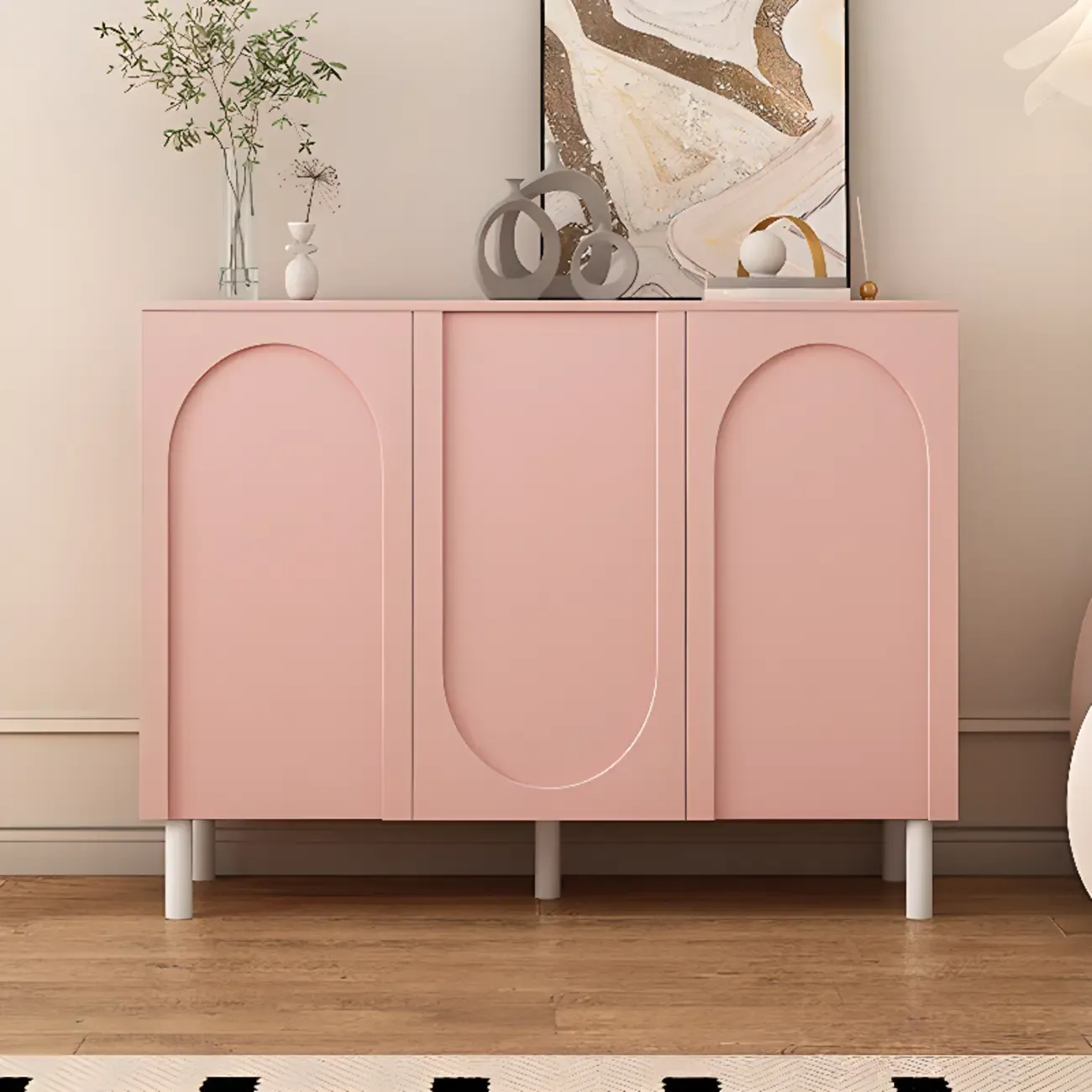 Modern Pink Wood Shoe Cabinet 3-Door Storage Unit Image - 13