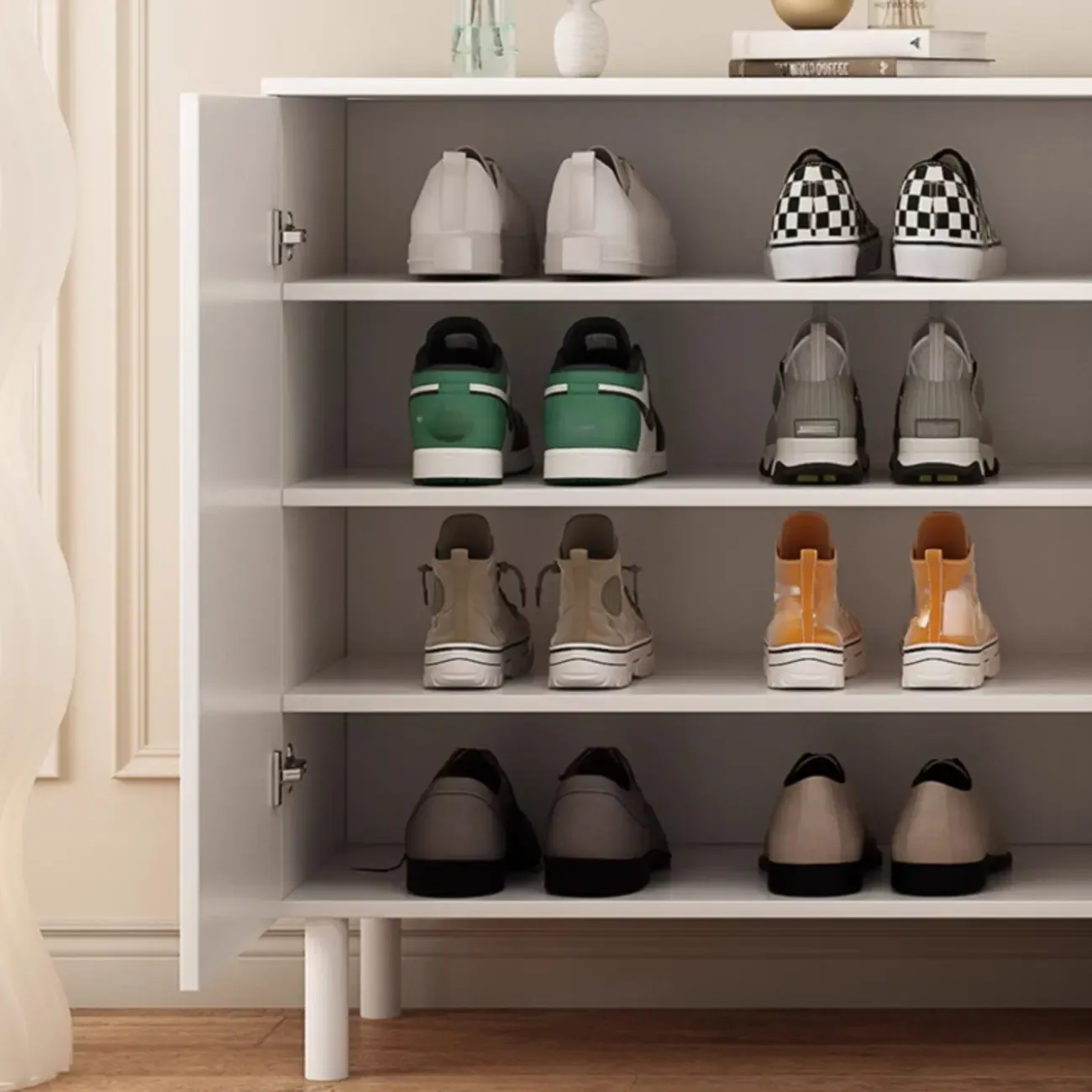 Modern Pink Wood Shoe Cabinet 3-Door Storage Unit Image - 15