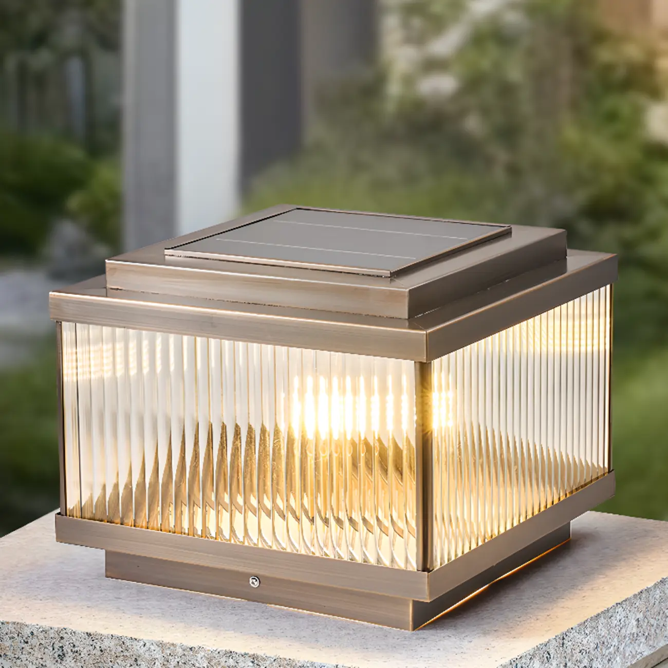 Modern Square Ribbing Glass Solar Post Cap Light Image - 4 | homeyfad