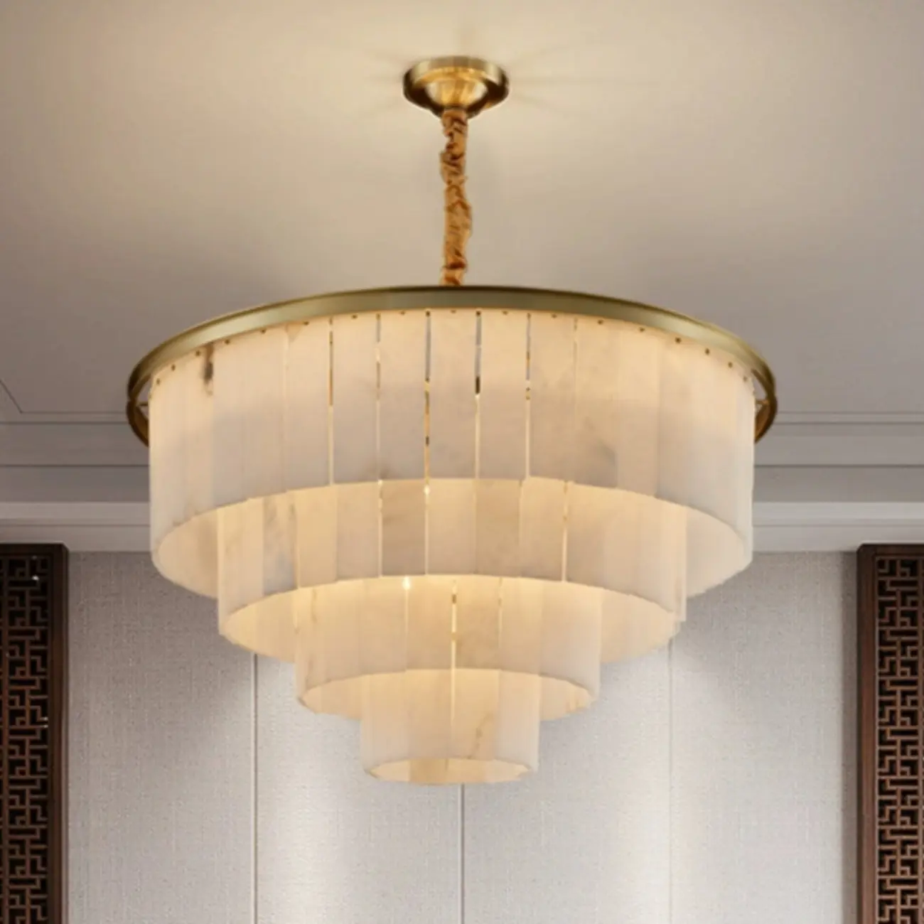 Classic Gold Tiered Circular Alabaster Chandelier Image - 2 | homeyfad