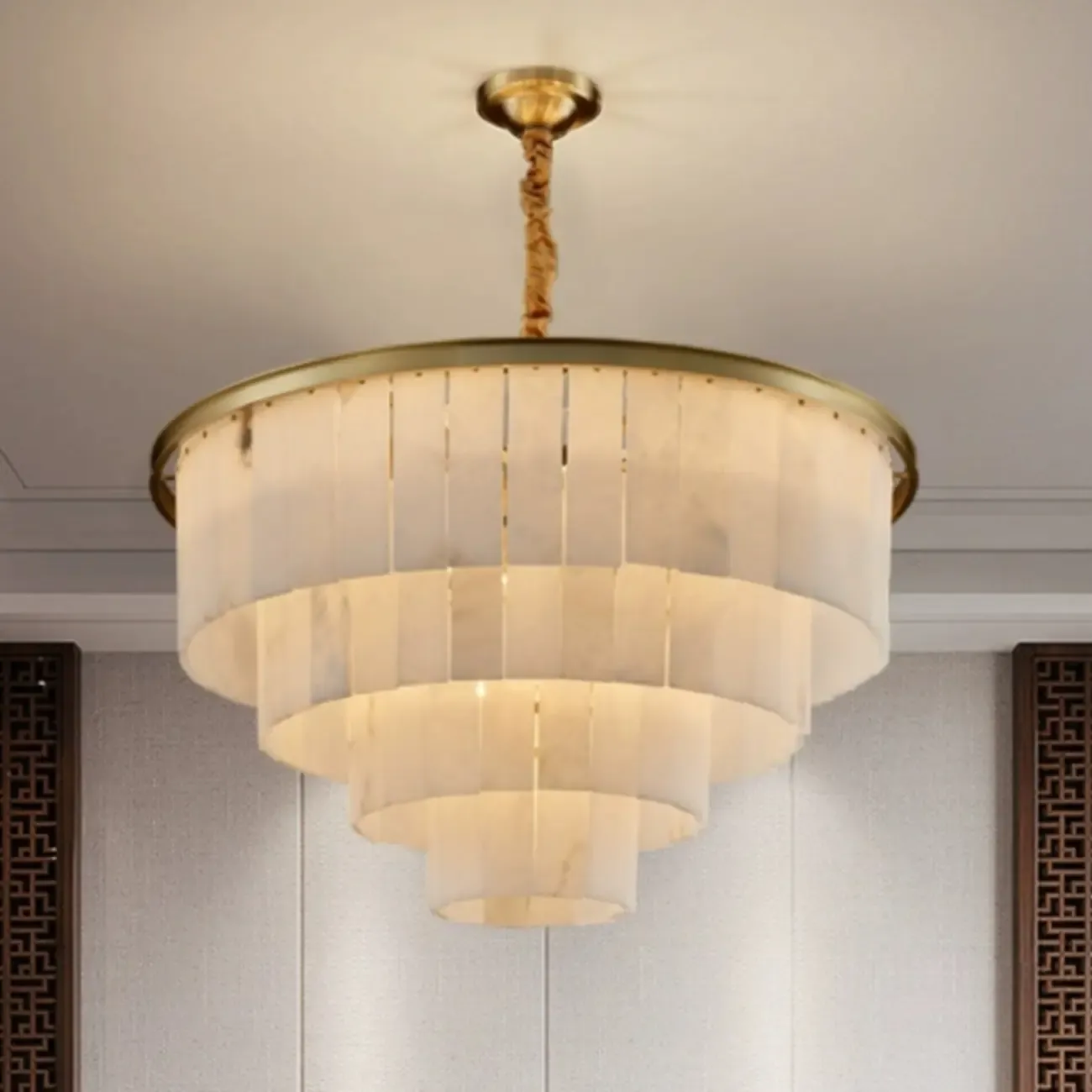 Classic Gold Tiered Circular Alabaster Chandelier Image - 2