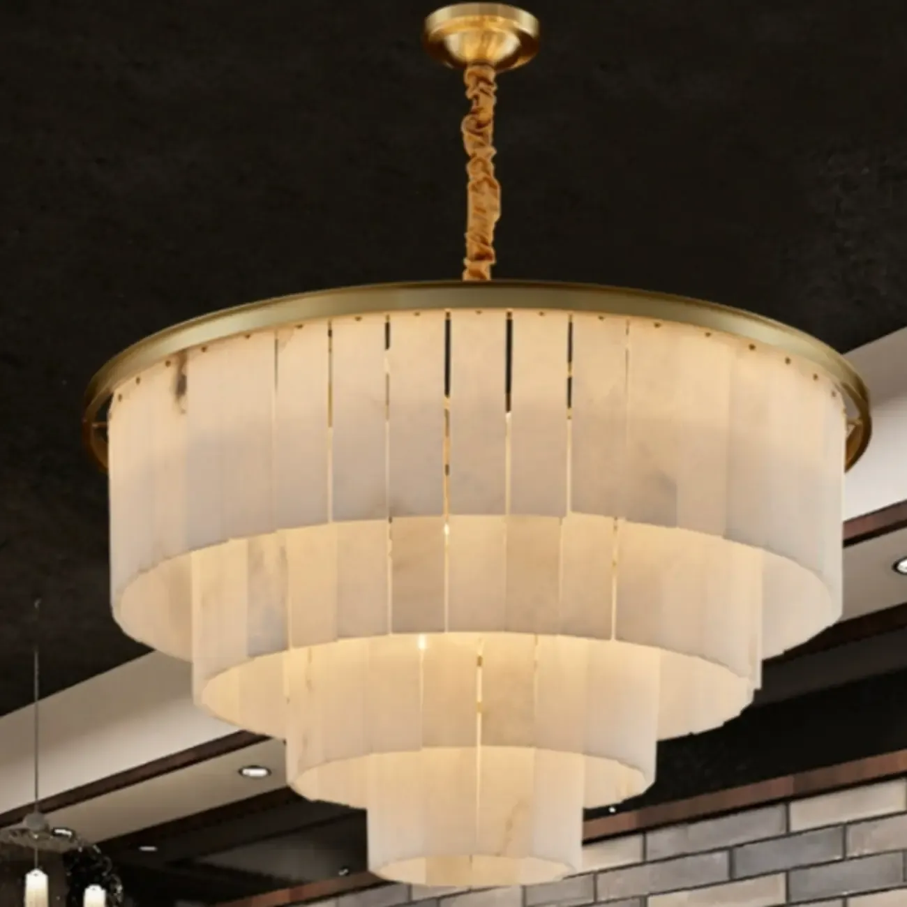 Classic Gold Tiered Circular Alabaster Chandelier Image - 3