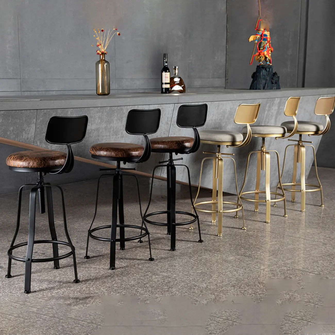 Industrial Golden Iron Upholstered Adjustable Bar Stool Image - 9 | homeyfad