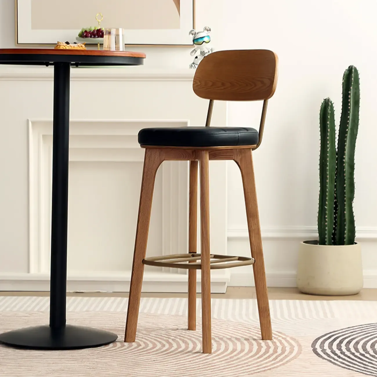Wooden Square Leather Upholstered Bar Stool with Backrest
