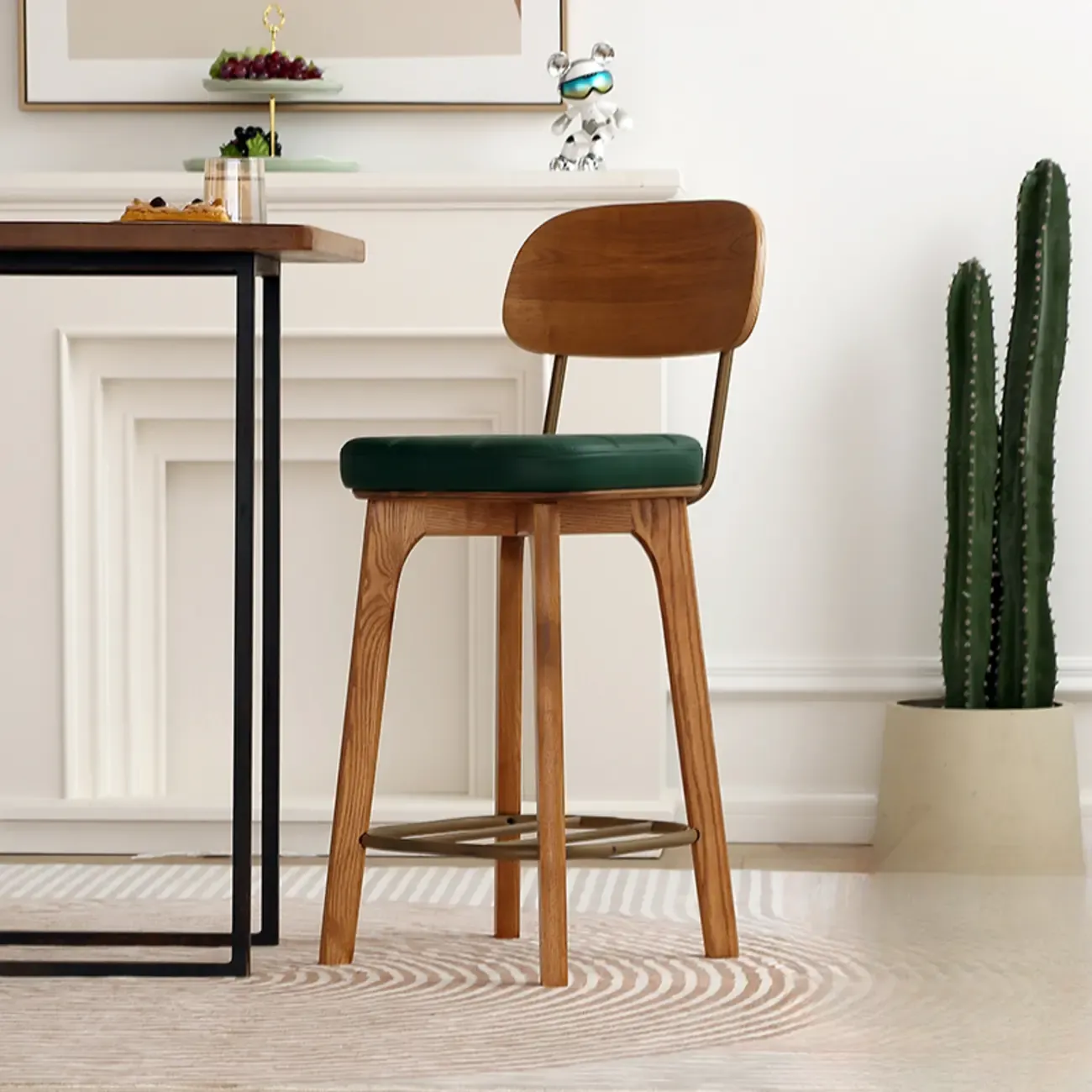 Wooden Square Leather Upholstered Bar Stool with Backrest