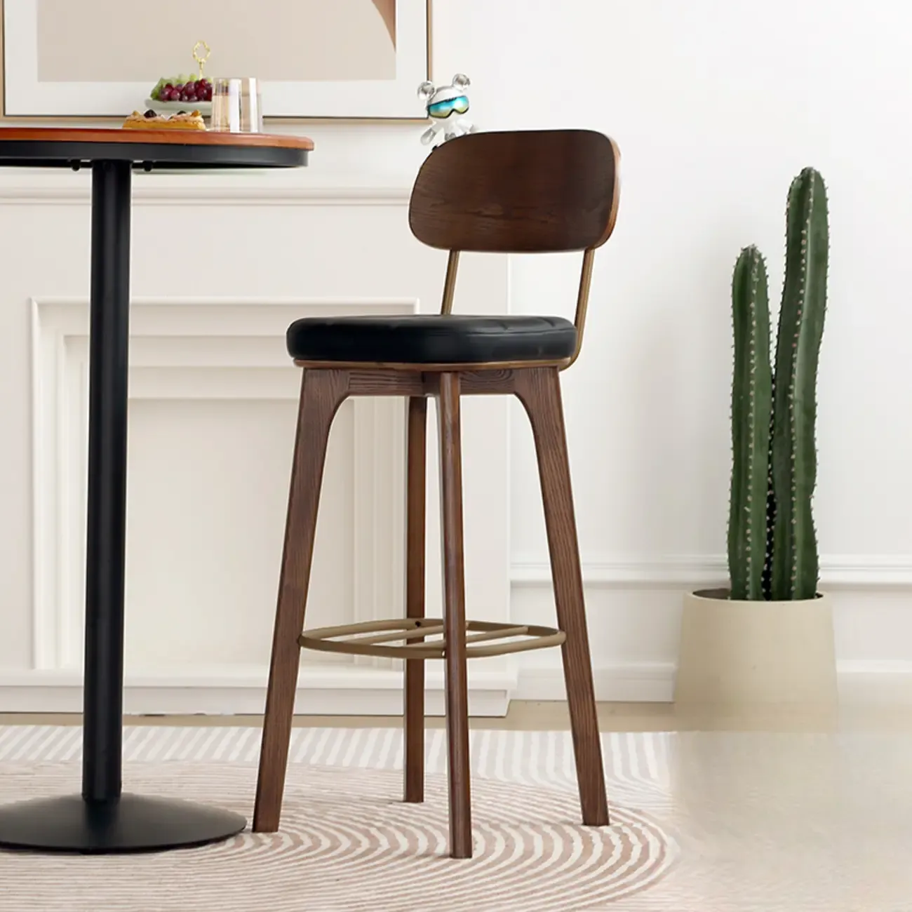 Wooden Square Leather Upholstered Bar Stool with Backrest