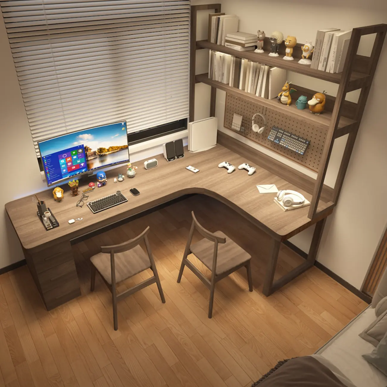 Large L-Shaped Wooden Brown 3-Drawers Office Desk Image - 1 | homeyfad