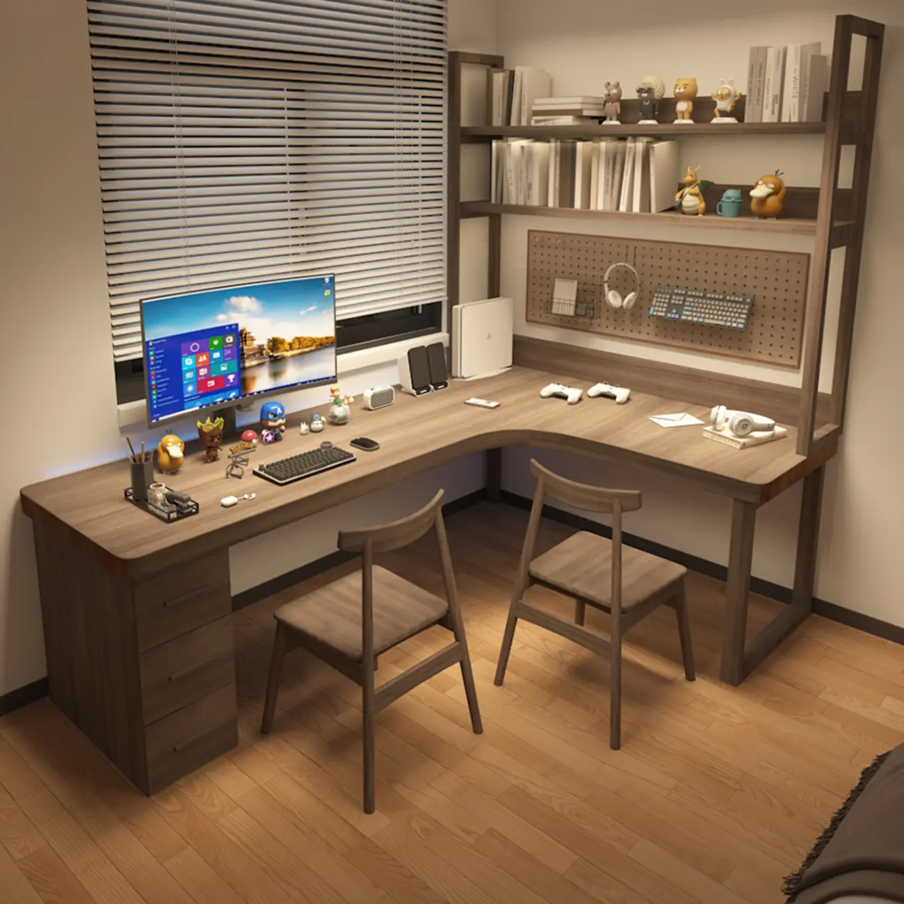 Large L-Shaped Wooden Brown 3-Drawers Office Desk Image - 2 | homeyfad
