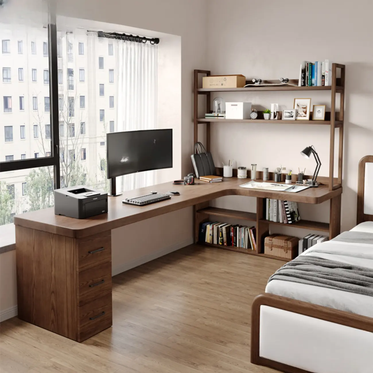 L-Shaped Modern Espresso Wood Shelved Drawers Office Desk Image - 1 | homeyfad