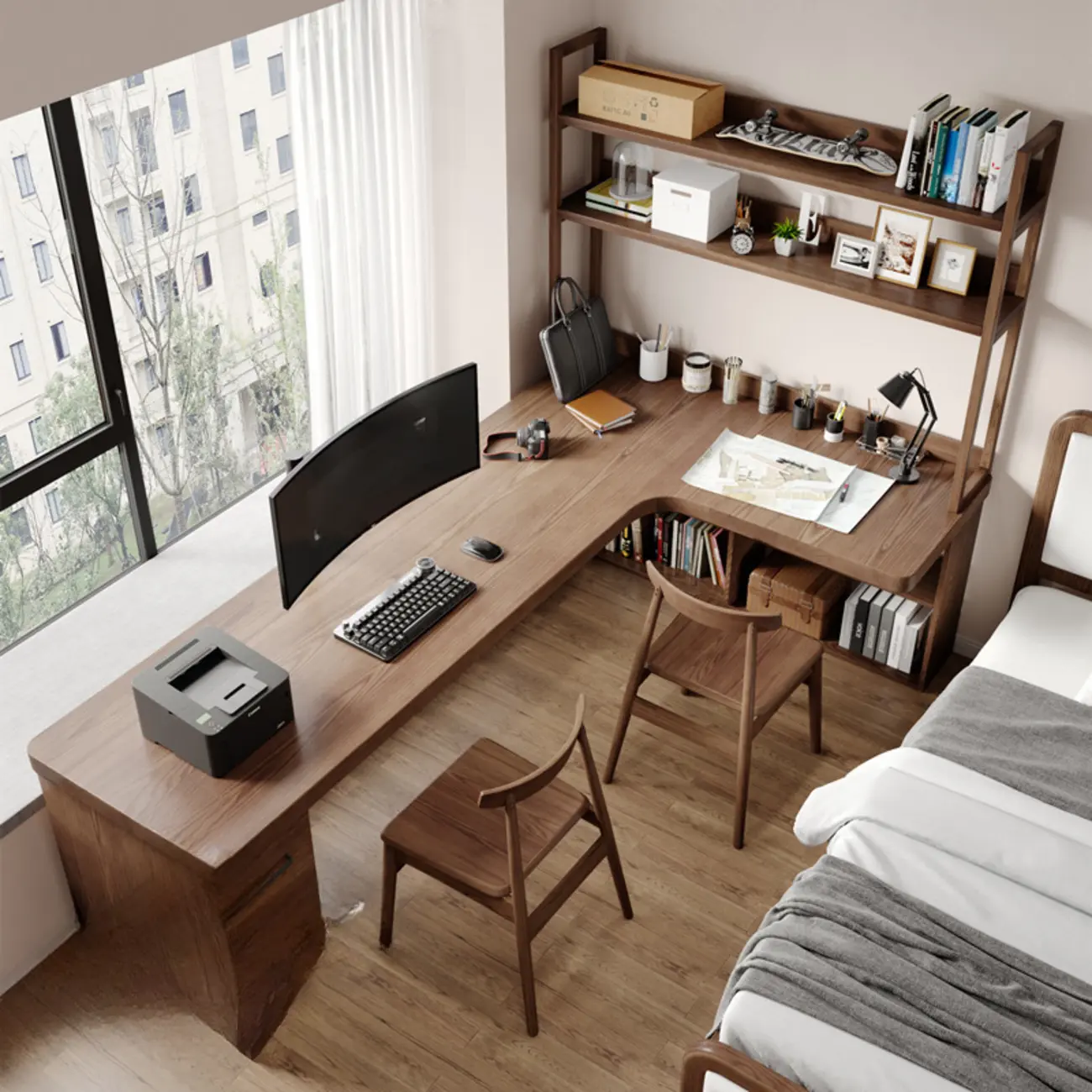 L-Shaped Modern Espresso Wood Shelved Drawers Office Desk Image - 2 | homeyfad