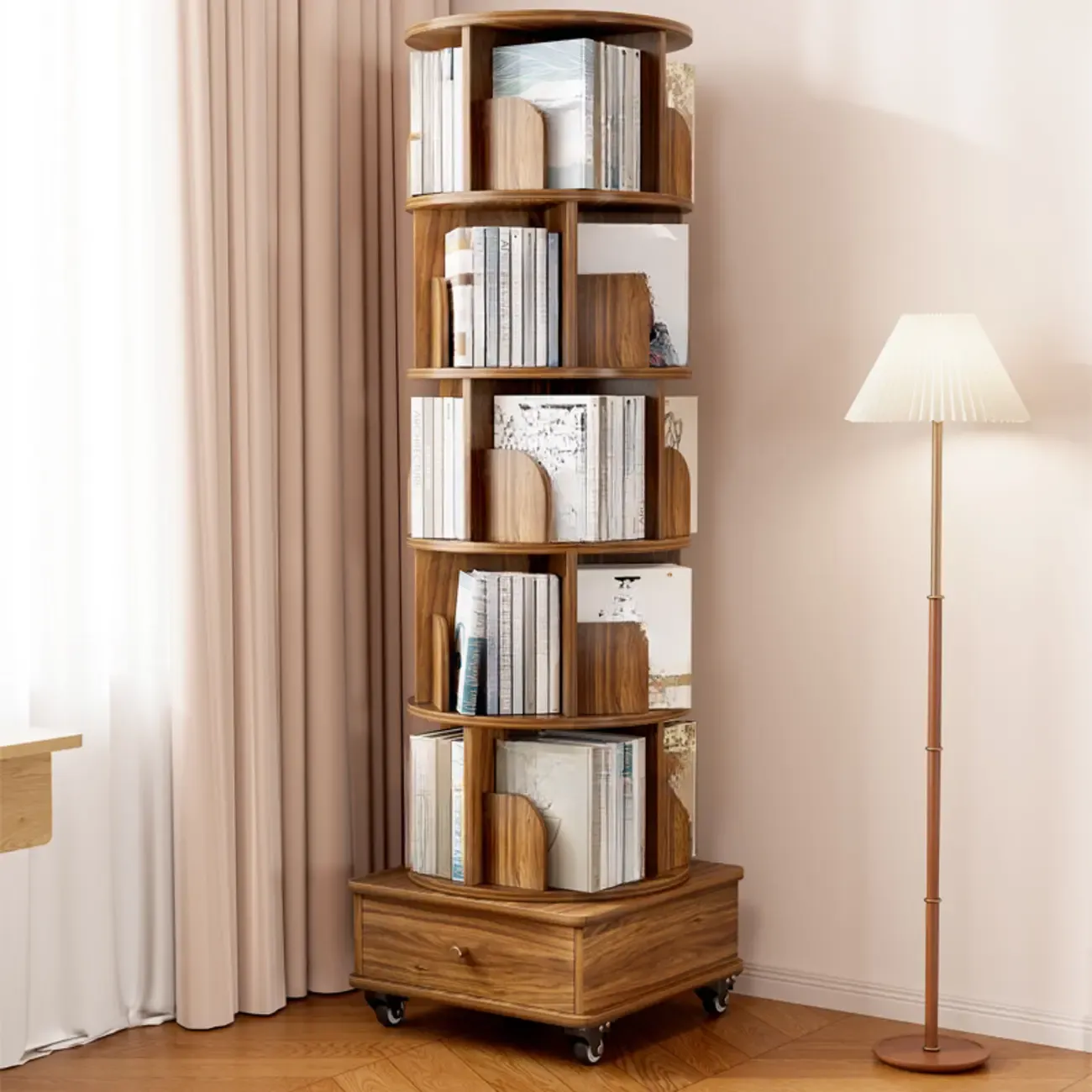 Narrow Wood 5-Tier Revolver Sliding Bookcase with Drawer Image - 1