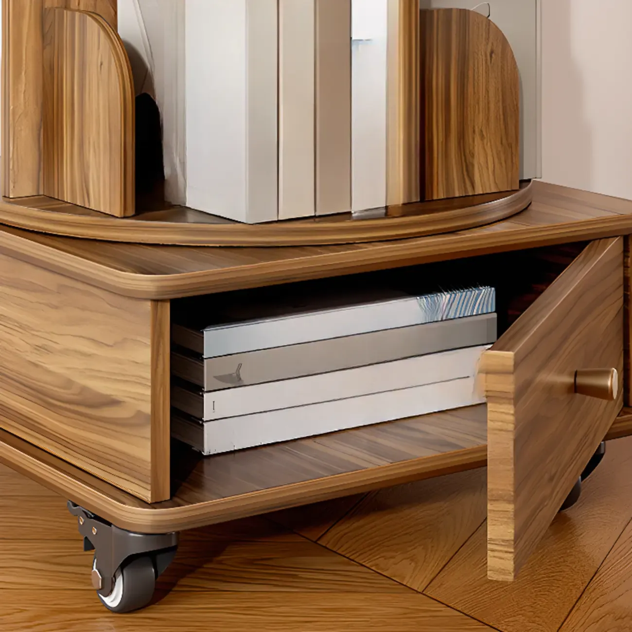 Narrow Wood 5-Tier Revolver Sliding Bookcase with Drawer Image - 4