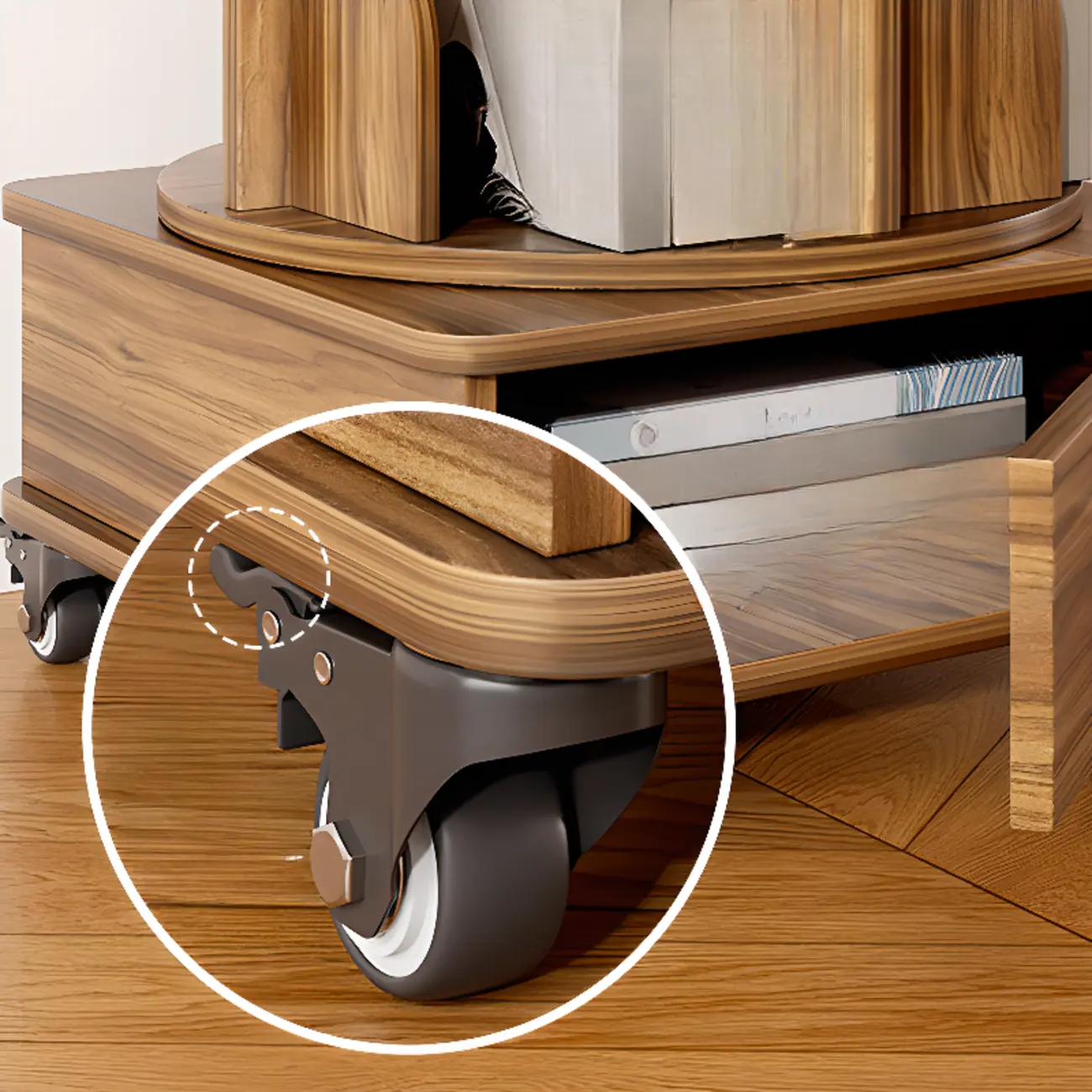 Narrow Wood 5-Tier Revolver Sliding Bookcase with Drawer Image - 6 | homeyfad