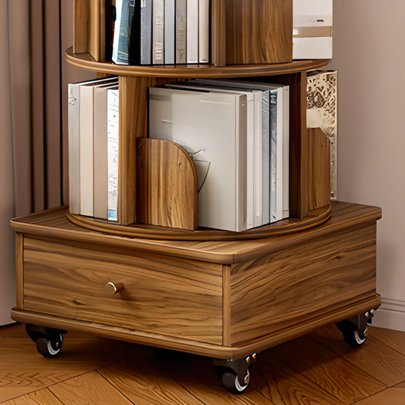 Narrow Wood 5-Tier Revolver Sliding Bookcase with Drawer Image - 7 | homeyfad