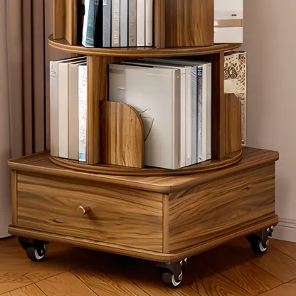 Narrow Wood 5-Tier Revolver Sliding Bookcase with Drawer Image - 7
