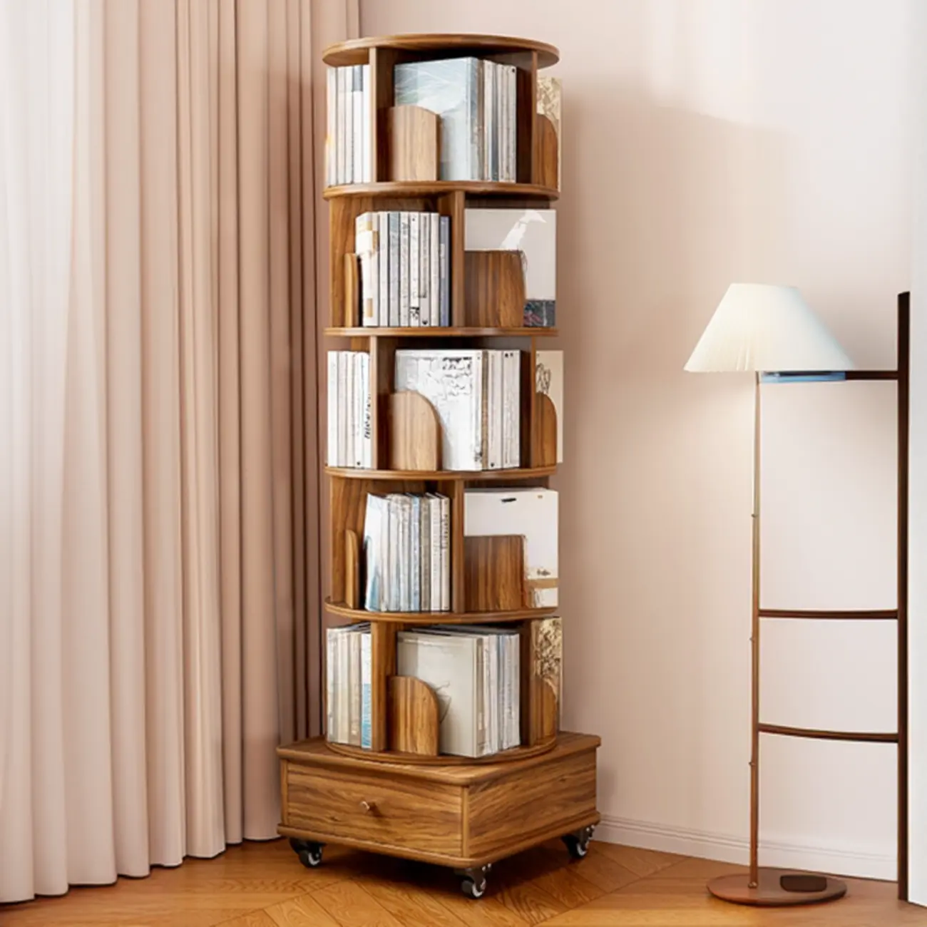 Narrow Wood 5-Tier Revolver Sliding Bookcase with Drawer Image - 2 | homeyfad