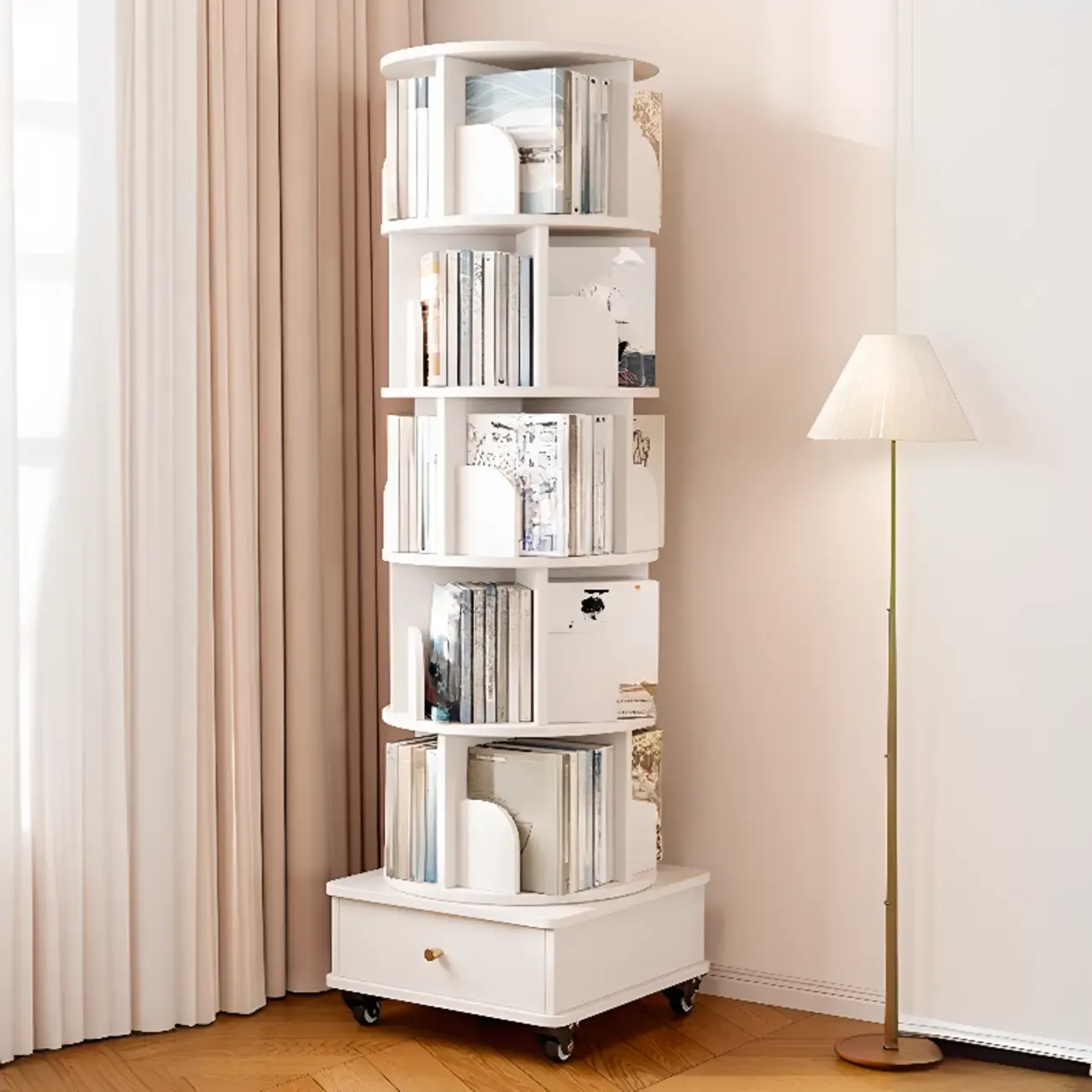 Narrow Wood 5-Tier Revolver Sliding Bookcase with Drawer Image - 3