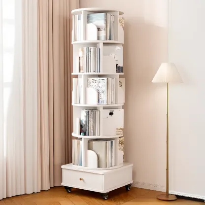 Narrow Wood 5-Tier Revolver Sliding Bookcase with Drawer Image - 3