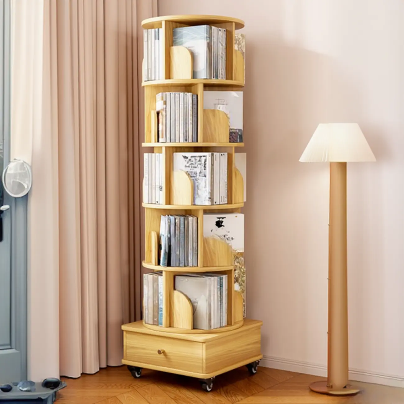 Narrow Wood 5-Tier Revolver Sliding Bookcase with Drawer Image - 11 | homeyfad
