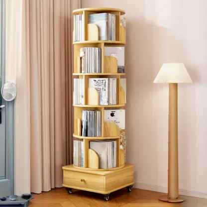 Narrow Wood 5-Tier Revolver Sliding Bookcase with Drawer Image - 11