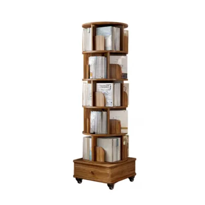 Narrow Wood 5-Tier Revolver Sliding Bookcase with Drawer Image - 12