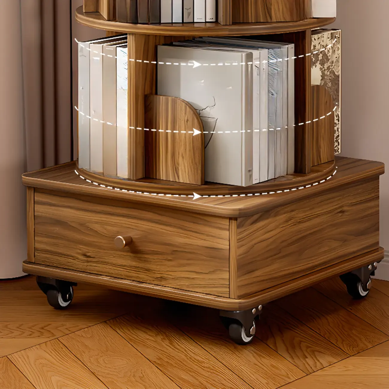Narrow Wood 5-Tier Revolver Sliding Bookcase with Drawer Image - 13