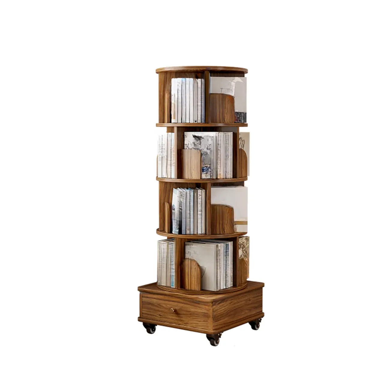 Narrow Wood 5-Tier Revolver Sliding Bookcase with Drawer Image - 15 | homeyfad